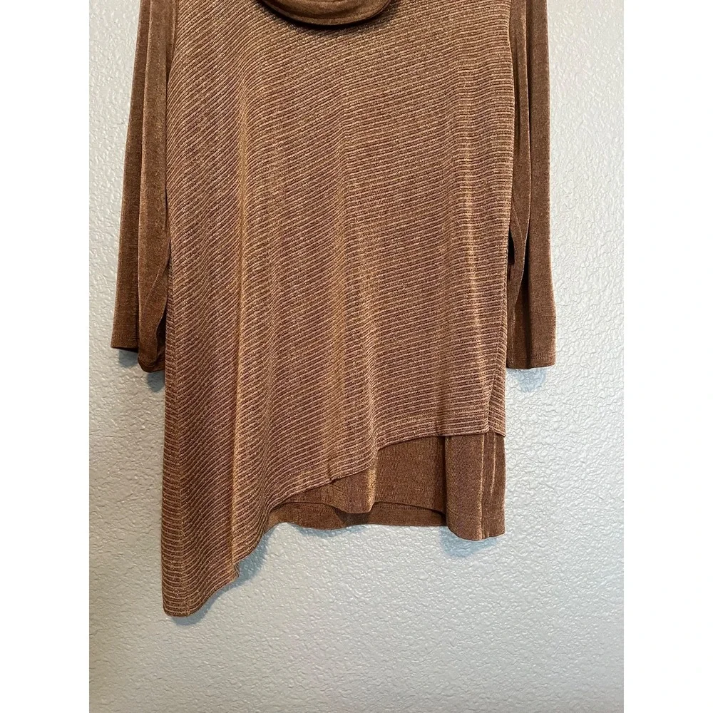 Chicos Travelers Metallic Brown Shimmer Cowl Neck Asymmetric Tunic Sz 1 US XL - Picture 3 of 16